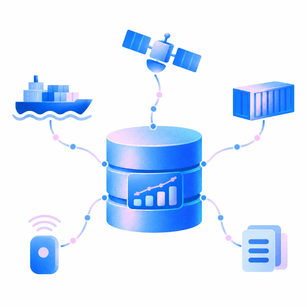 Illustration: a ship, a satellite, a container, a sensor and documents send data along dotted lines into one database