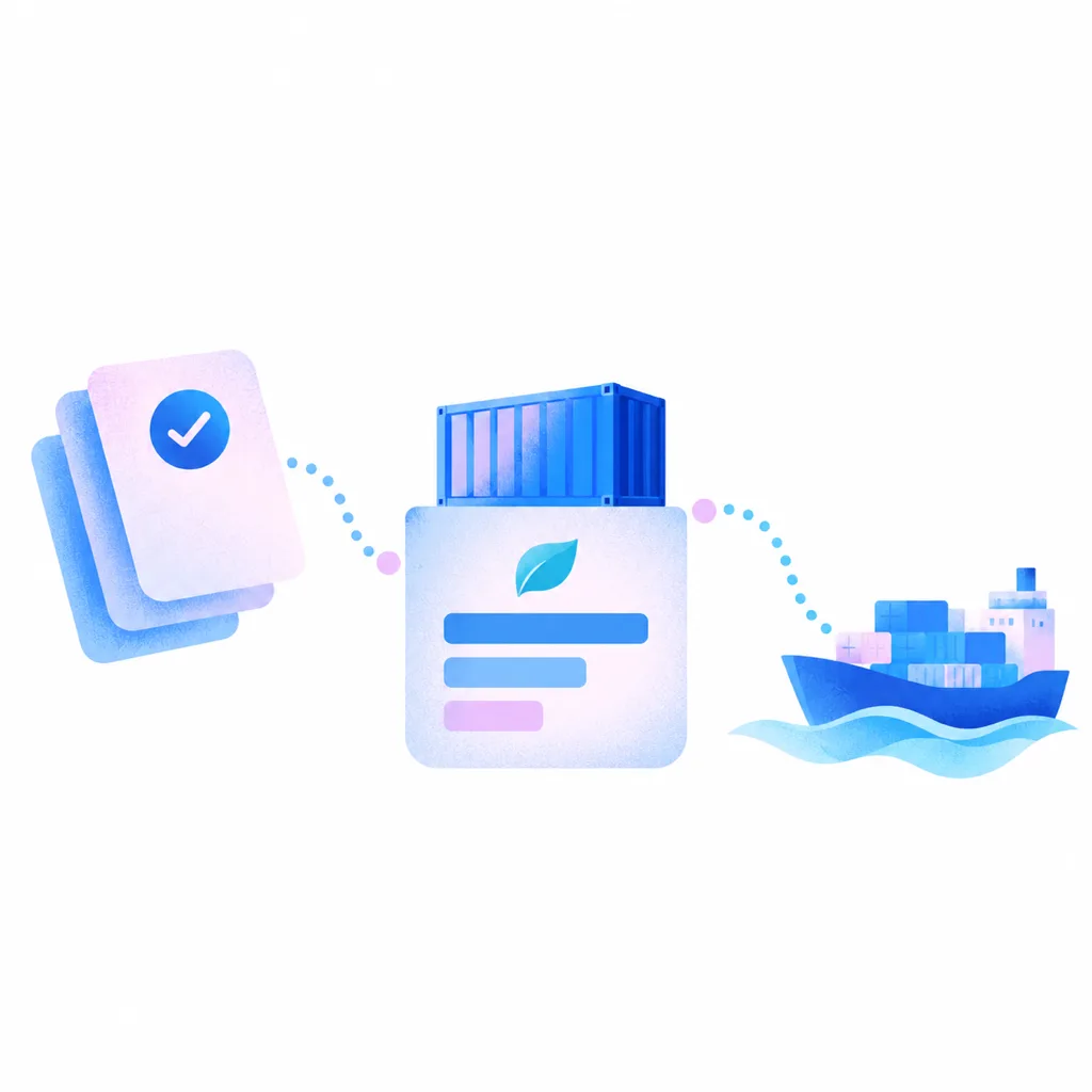 Illustration: stacked documents with a check mark and a ship at sea, both linked by dotted lines to a container on a card with a leaf and three bars