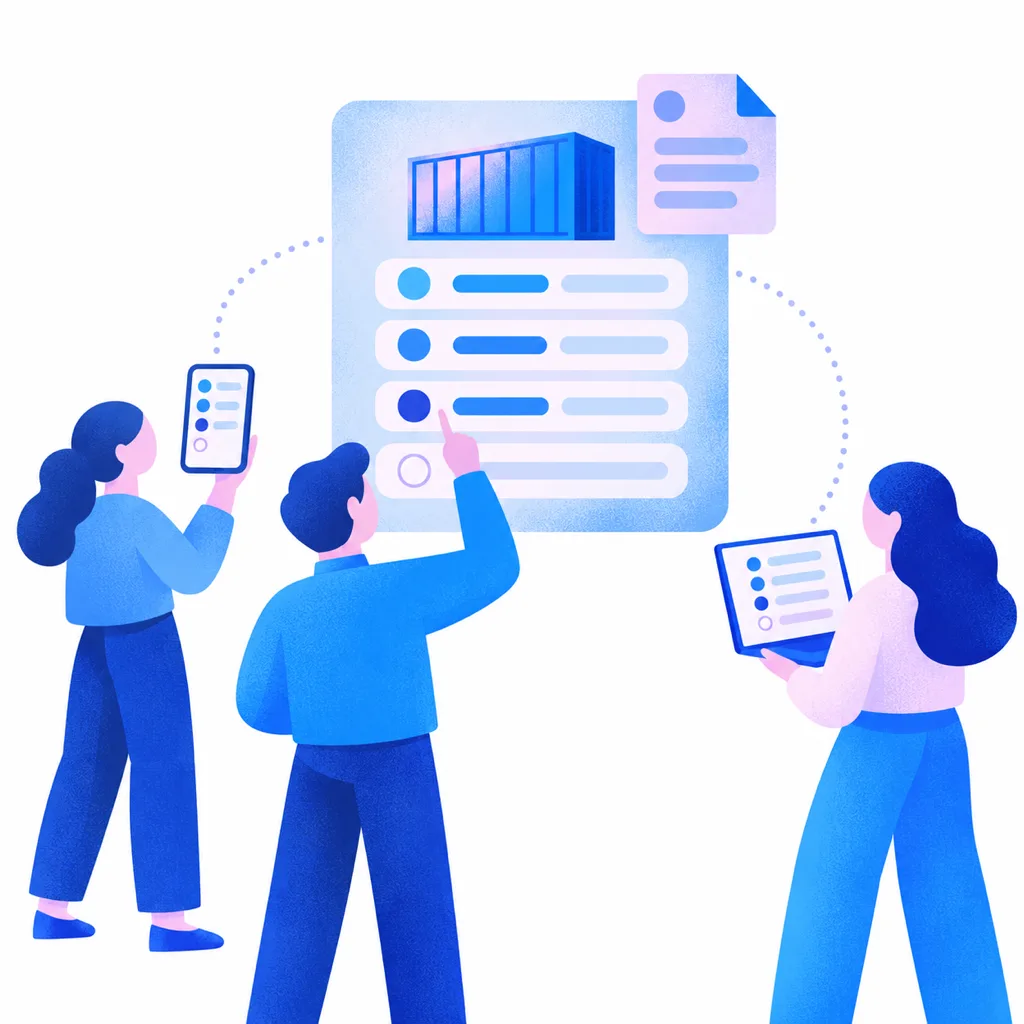 Illustration: three partners follow one shared shipment board with a container, status rows and a document, one pointing at it and two following on a phone and a laptop
